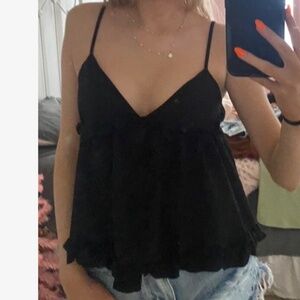 Solid Plunging Neck Ruffle Detail Stretchy Bust Cami Tank Top